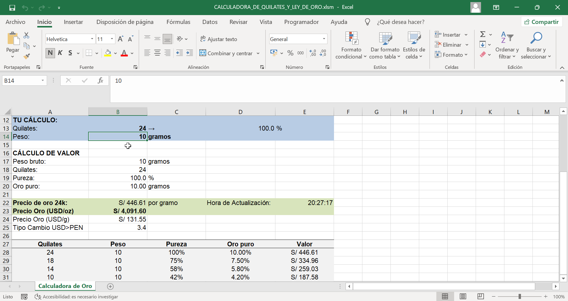 excel calculadora oro quilates